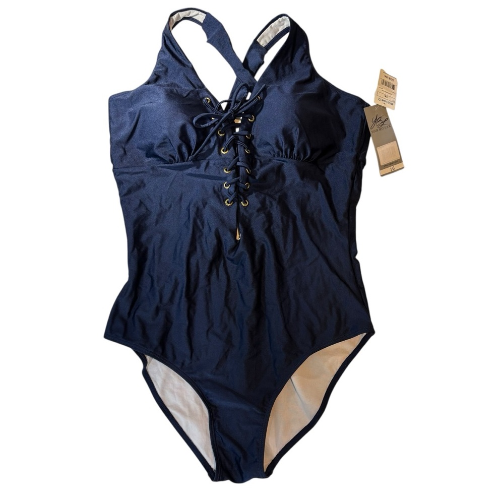 InGear Your Best Look navy lace up bathing suit one piece swim size 16 NWT